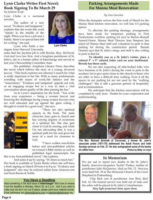 St. John's Interchange Newsletter Lynn Clarke's First Novel