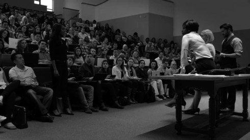 Fig 32 - Michaela speaking in the law class